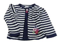 Tmavomodro-bílý pruhovaný propínací svetr s kytičkami Jojo Maman Bébé