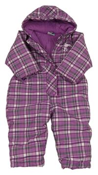 Fialovo-šedo-bílá kostkovaná šusťáková zimní kombinéza s kapuíc Topolino