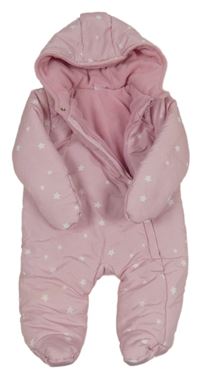 Světlerůžová šusťáková zimní kombinéza s hvězdičkami a kapucí 