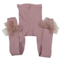 Růžové žebrované punčochové legíny s mašlemi 