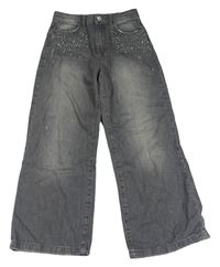 Tmavošedé wide leg rifle s kamínky a ošoupaného vzhledu Denim Co.