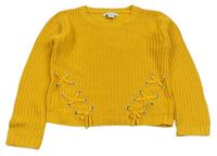 Horčicový rebrovaný pletený crop sveter so šnurovaním PRIMARK