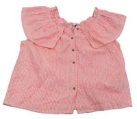 Křiklavě korálovo-bílá pruhovaná krepová letní crop halenka s květy a límcem M&S