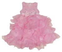 Světlerůžové krajkovo/organzové vrstvené šaty s květy a korálky/kamínky a mašlí