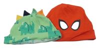 2x - Čepice - Zelená žebrovaná s dinosaurami a ostny Tu, červená - Spider-man MARVEL