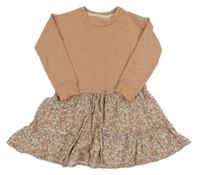 Pudrovo-svetlohnedé teplákovo/bavlněné šaty s kvietkami