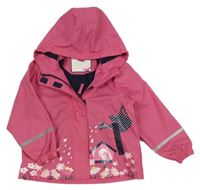 Tmavorůžová nepromokavá jarní bunda s konví a kytičkami a ptačí budkou a kapucí Kiki&Koko