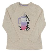 Svetlobéžové melírované tričko s pandami a nápojem PRIMARK