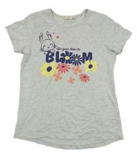 Svetlosivé melírované tričko s kvietkami a zajačikom a nápismi Kids