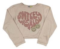 Pudrová úpletová crop mikina so smajlíkmi a nápisom Primark