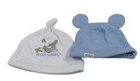 2x bavlněná čepice - bílá s Peter Rabbit + světlemodrá žebrovaná s oušky
