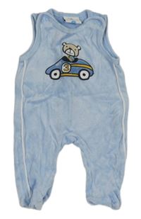 Světlemodré sametové dupačky s autom s medvěďom Topomini