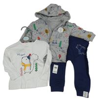 Nové - 3set - Šedá melírovaná zateplená propínací mikina se zvířaty a kapucí + bílé triko s veverkou + tmavomodré tepláky s medvědem St. Bernard