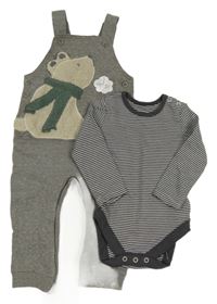 Nové - 2set - Sivé melírované na traké tepláky s medvědem + tmavošedo-biele pruhované body George