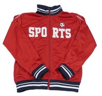 Červená športová prepínaci mikina s nápisom a futbalovým loptou