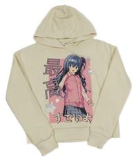Béžová crop mikina s dívkou a kapucí C&A