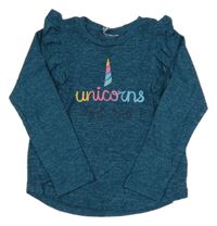 Petrolejové melírované úpletové triko s jednorožcem a volánky Pekkle