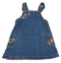 Modré riflové laclové šaty s výšivkami květin a motýlů Topolino