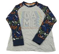 Šedo-tmavomodré pyžamové triko s nápisem a ovladači