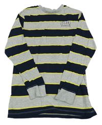 Sivo-tmavomodro-žlté pruhované pyžamové tričko s nápisom