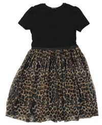 Čierno-hnedé bavlněno/tylové šaty s leopardím vzorom George