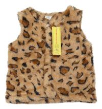 Nové - Hnedá chlpatá vesta s leopardím vzorom Shein