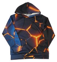 Čierno-modro-oranžová vzorovaná športová mikina s kapucňou