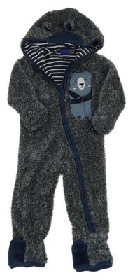 Tmavomodrá chlpatá podšitá kombinéza s medvěďom a kapucňou Lupilu