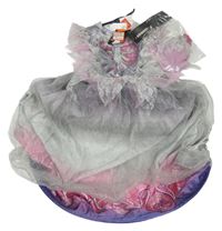 Nové - kockovaným - 2 set - sivo-fialové tylové šaty s kostrou a obručí + čelenka so závojem Tu