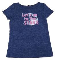 Tmavomodré melírované úpletové tričko s mesiacom a nápisom