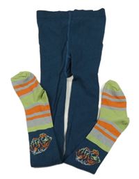 Tmavomodro-zeleno-oranžové punčocháče s tygrem Pusblu