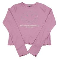 Ružové rebrované crop tričko so smajlíkom a nápismi