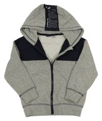 Sivo-tmavomodrá prepínaci mikina s nápismi a kapucňou Lupilu