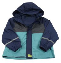 Tmavomodro-sivo-svetlomodrá vodeodolná jarná bunda s kapucňou