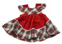 Červeno-bielo-čierne zamatové šaty s kostkovanými prvky