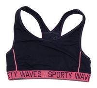 Tmavomodro-neonově růžová sportovní lambáda s nápisem 