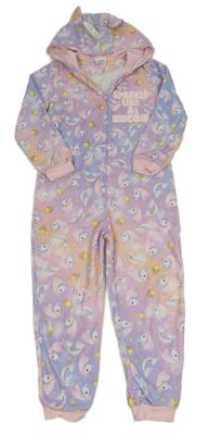 Lila-světlerůžová lehká fleecová kombinéza s jednorožci a kapucí 