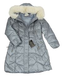 Nový - šedý prošívaný nepromokavý zimní kabát s kapucí s kožešinou 