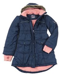 Tmavomodrý šusťákový zimní kabát s kapucí s kožešinou Y.F.K.