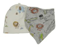 2Set - Bílá čepice se zvířaty + šedý slinták s lvíčky 