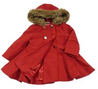 Červený flaušový podšitý kabát a kožešinou a kapucí F&F