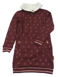 Nové - mahagonové teplákové teplé šaty s koníky a pruhy a stojáčkem YIGGA