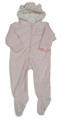 Nové - Svetloružová plyšová kombinéza s medvedíkom a kapucňou