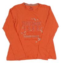 Oranžové triko s nápisem a kytičkami Tchibo