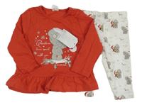 Nové - Červené peplum triko + bílé legíny s medvídky