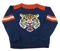 Tmavomodro-červený sveter so lvem Minoti