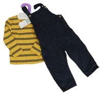 Nové - 2set - Tmavomodré manšestrové laclové kalhoty + žluto-tmavomodré pruhované triko Primark