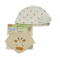 Nové - 2set - Bílá čepice s puntíky a květem + béžový slinták se žirafou 