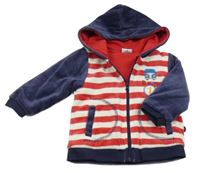 Pruhovano-tmavomodrý sametový zateplený kabátek s autem a kapucí Eltern