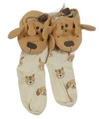 Nové - 2set - Smetanové ponožky s pejsky + béžové fleecové capáčky se žirafou vel. 18